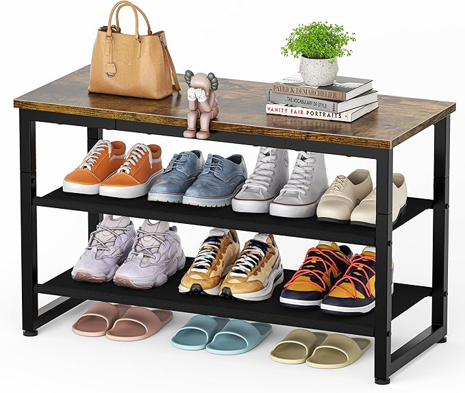 Shoe Rack, 3 Tier Shoe Storage with Wooden Shelf, Shoes Bench Storage with Seat for Entryway Living Room Hallway Bedroom, Load Capacity 150 kg, Rustic Brown