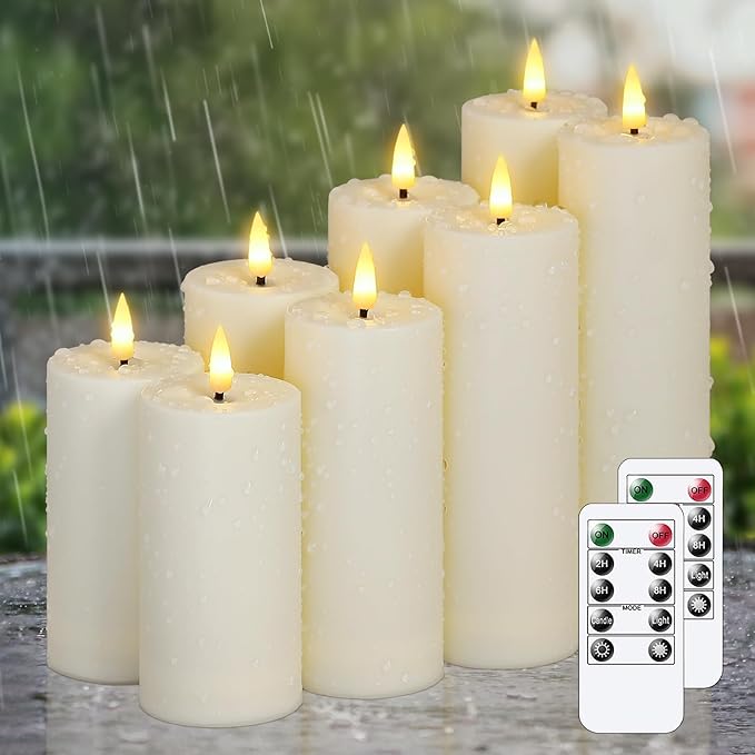 Flameless Waterproof 5.5cm x10cm 10cm 12.5cm 12.5cm 15cm 15cm 17.5cm 17.5cm LED Candles with Remote Control and Timer, Battery Operated Plastic Ivory Pack of 8 Outdoor Flickering Warm Light