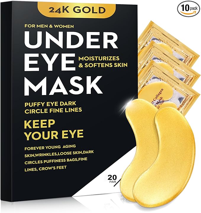 20Pcs/10 Pairs 24K Gold Eye Mask Collagen Under Eye Mask Patches for Dark Circle Puffiness, Refresh, Revitalizing, Travel, Wrinkles, Eye Patches for Women Men