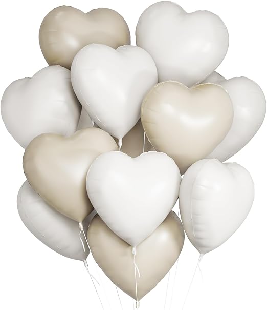QIFU White Beige Heart Balloons 12 Pack, Matte White Nude Love Heart Balloons Valentines Balloon, Helium Foil Hearts Balloon for Romantic Valentines Decorations Anniversary Engagement Wedding