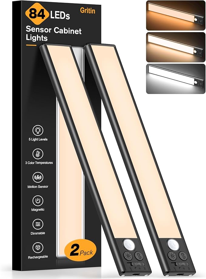Gritin Under Cabinet Kitchen Lights Rechargeable-3 Color Temps&5 Level Brightness, Super Bright, 4 Modes, Motion Sensor, Long Lasting-Easy Installation Magnetic Under Closet Light-26CM/Black[Energy Class A+++]