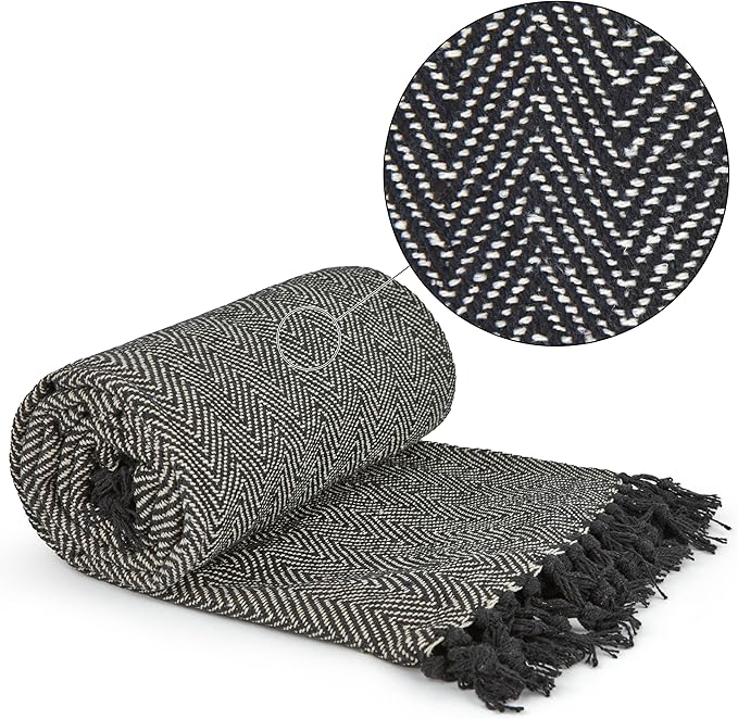Emma Barclay Herringbone - Recycled Cotton Patterned Chair Sofa Setee Bed Throw Over Blanket in Black - 50x60 (127x152cm)