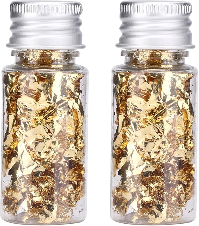 2 Bottled Decorative Gold Leaf, 24K Edible Gold Leaf Cake Decorating Gold Leaf Sheets Metallic Gilding Paper for Craft Cooking Makeup Chocolate Decorations Resin DIY Arts Nails Jewelry Making