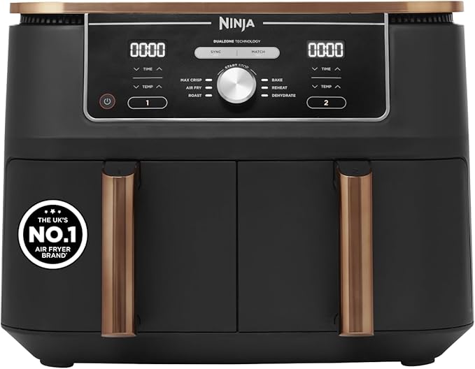 Ninja Foodi MAX Dual Zone Air Fryer, Amazon Exclusive, Tongs, 2 Drawers, 9.5L, 6-in-1, Use No Oil, Air Fry, Max Crisp, Roast, Bake, 8 Portions, Nonstick Dishwasher Safe Baskets, Copper/Black AF400UKCP