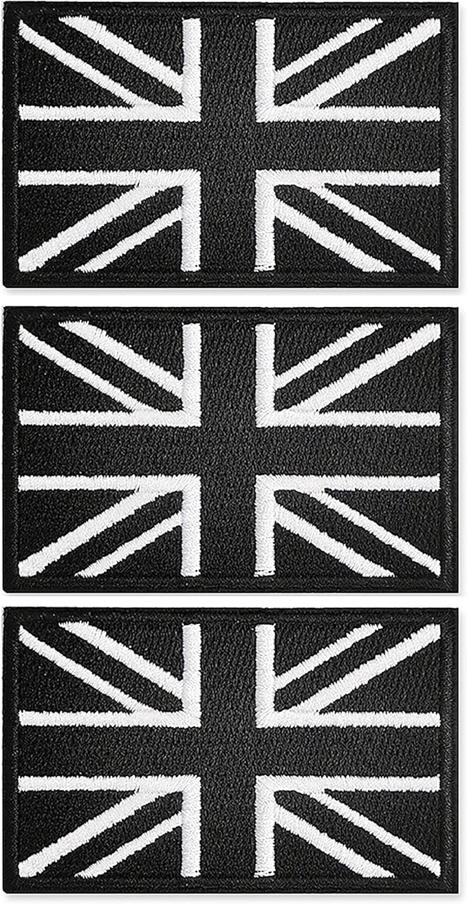 3PCS Union Jack Patch Black United Kingdom Flag Patch Tactical Applique Fastener Hook & Loop UK Emblem for Cap Bag Vest Military Uniforms
