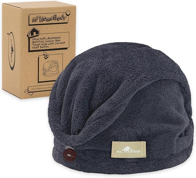 myHomeBody Hair Towel Wrap, Luxury Rapid-Dry Hair-Drying Turban, Ultra Soft and Quick Drying Absorbent Charcoal Fiber, with Coconut Shell Button – Midnight Blue