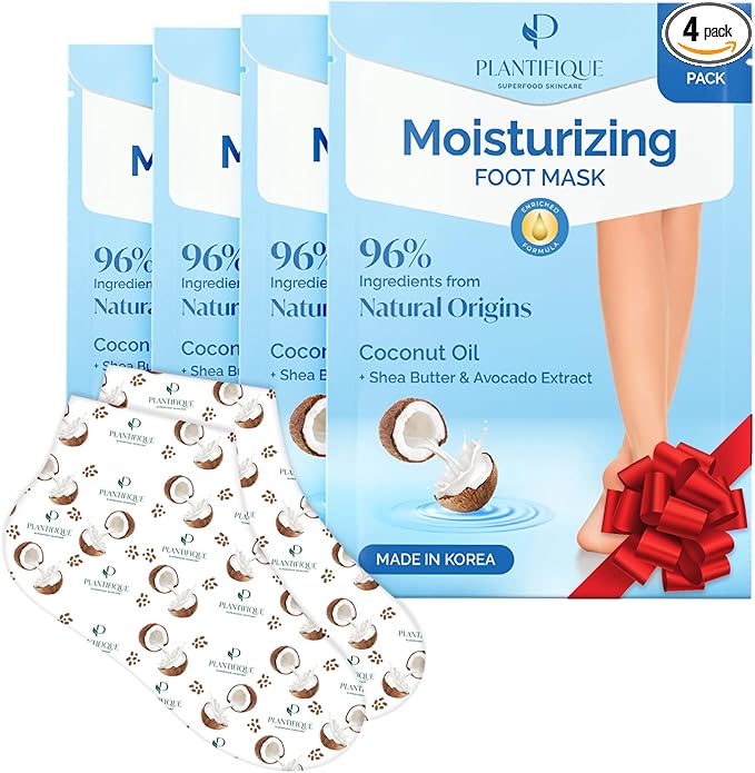 Plantifique Hydrating Foot Mask Socks – 4 Pairs with Shea Butter for Soft Heels, Deep Moisturizing & Repairing Dry, Rough Skin – Korean Skincare & Foot Care Gift