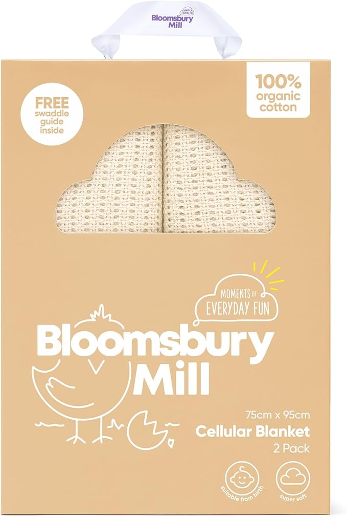 Bloomsbury Mill - Cellular Blankets Baby - Soft 100% Organic Cotton Baby Blanket - Pack of 2 - Essentials For Newborn - Ideal for Cot Bed, Travel, Car Seat, Pram, Moses Basket - Cream 75x95cm