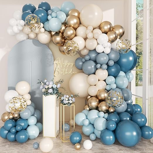 Blue Balloons Arch Kit, 102pcs Blue White and Gold Balloon Arch Kit with Sand White Baby Blue Balloons Gold Latex Balloon for Men Boys Birthday new years eve Decorations Baby Shower Wedding Party