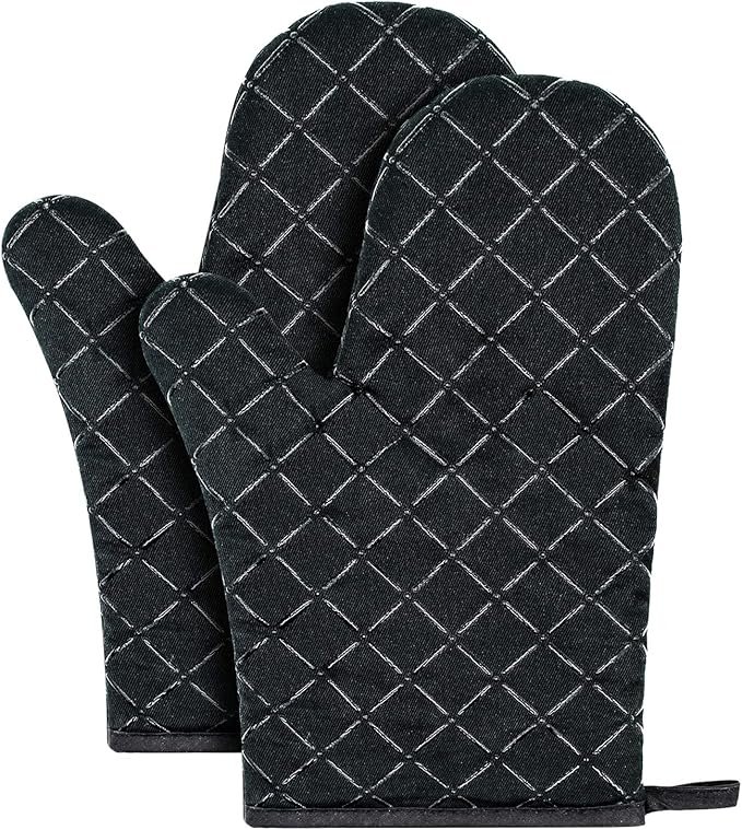 Oven Gloves,Heat Resistant Silicone Oven Gloves Non-Slip Kitchen Oven Mitts for Grilling Cooking Baking Kitchen Microwave Pizza (Black,1 Pair)