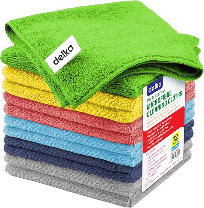 delka Microfibre Cleaning Cloths –Multi-Purpose, Ultra Soft & Lint-Free –Reusable, Streak-Free for Kitchen, Car, Glass, Windows & Electronics (Assorted, 12 Pack)