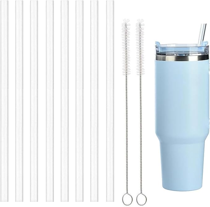 8Pcs Plastic Replacement Straw for Stanley Cap, Straw Brush Easy to Clean Water Bottle Reusable Clear Straws, Long Plastic Straws Thick for 30oz/40oz(8 Pack with 2 Brush)