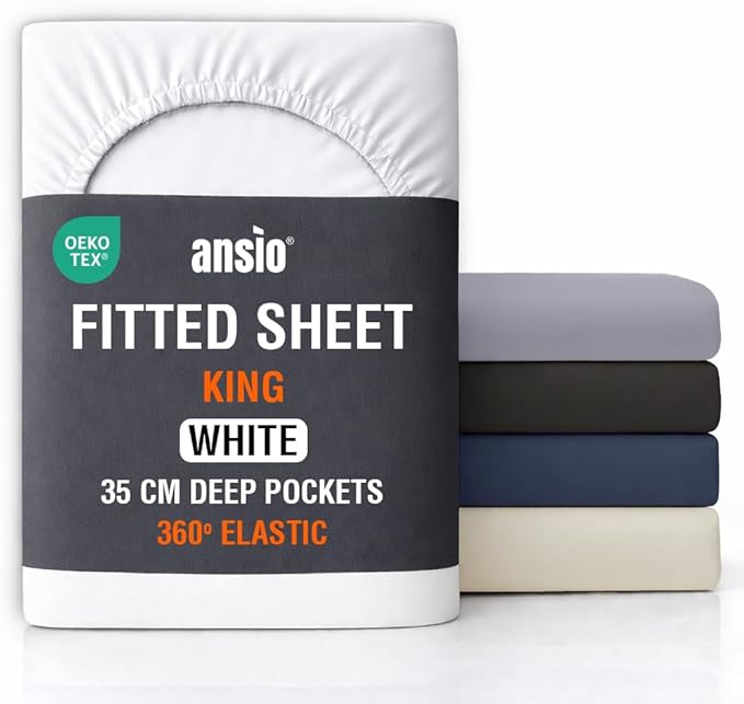 ANSIO® King Size Fitted Sheet Soft Brushed Microfibre Fabric – Extra Deep Pocket 35cm – All-Around Elastic – OEKO-TEX Certified – Easy Care & Naturally Smooth After Wash - White