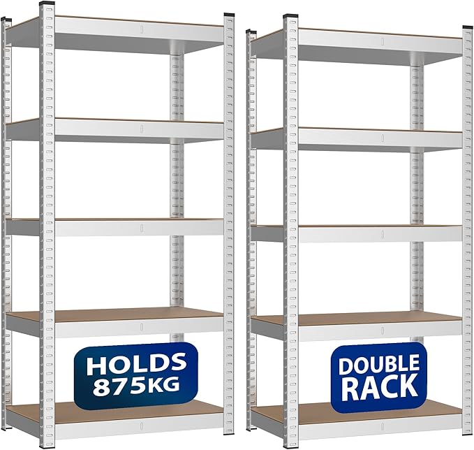 ZENO 5-Tier Garage Shelving Units | Set of 2 Shelving Units | Heavy Duty Garage Shelving | Shelving Unit For Storage | Metal Storage Shelves | Easy To Assemble | 875KG Load Capacity (Silver, Regular)