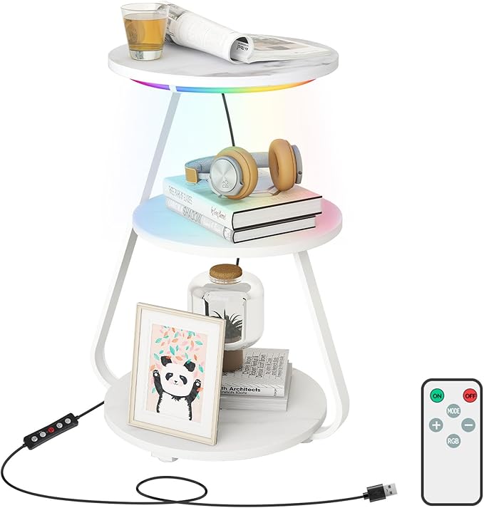 ARTETHYS Side Table, Small Round Coffee Table with RGB LED Lights, End Table with 3 Tier Storage Shelves, Bedside Sofa Side Tables with Remote for Living Room Bedroom, White Marble