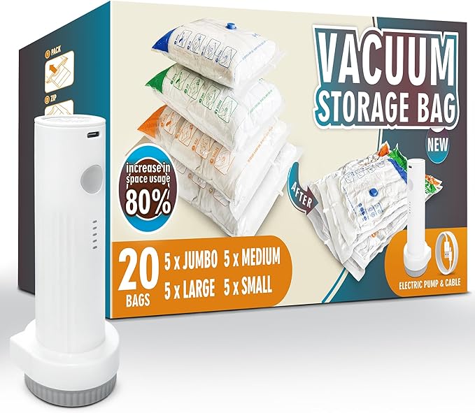 STORAGE MASTER Space Saver Bags for Travel and Home Reusable, 20 Pack Vacuum Storage Bags Save 80% More Storage Space, with Electric Air Pump