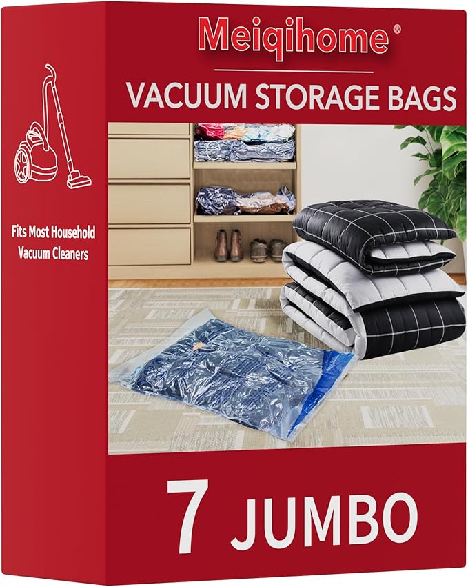 Vacuum Storage Bags 7 Jumbo, Space Saver Sealer Bags, Airtight Compression Bags for Clothes, Pillows, Comforters, Blankets, Bedding