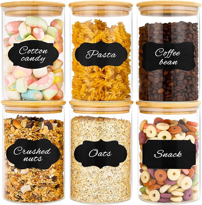 37oz Glass Jars with Bamboo Lids 6 Pack, Clear Airtight Food Glass Storage Jars, Round Durable Kitchen Glass Storage Containers for Noodles Flour Cereal Rice Sugar Tea Coffee Beans Candy 1100ml