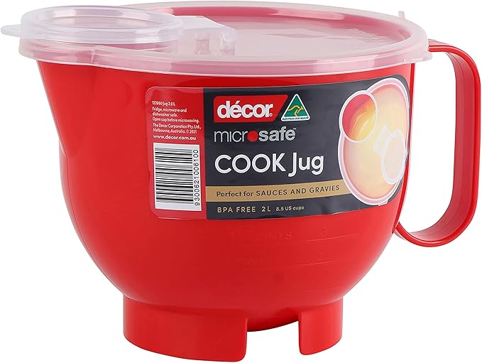 Décor Microsafe 2L Jug with Flip Cap Lid. Cooking, Reheating & Steaming in The Microwave. Safe Hold Handle and air Release Vent Feature. Dishwasher & Freezer Safe. BPA Free. Red.