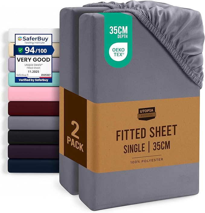 Utopia Bedding Fitted Sheet Single (2 Pack), Grey - Deep Pocket 14 inch (35 cm) - Oeko Tex Certified - Easy Care - Soft Brushed Microfibre Fabric - Shrinkage and Fade Resistant - Bottom Sheet