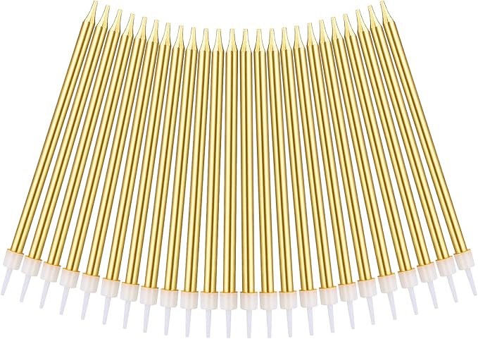 URAQT Metallic Birthday Candles, 24 Pcs Champagne Gold, 5.1 Inch Long Thin Candles with Holders for Cake Decoration