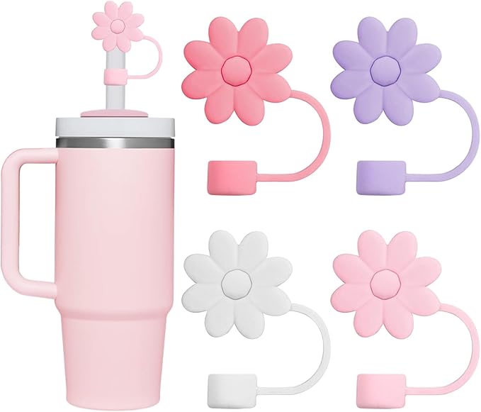 Silicone Straw Covers, 4 Pack, 10mm, Four Colors, Flower Designs, Reusable, Safe, Ideal for Stanley Cups and Modern Straws