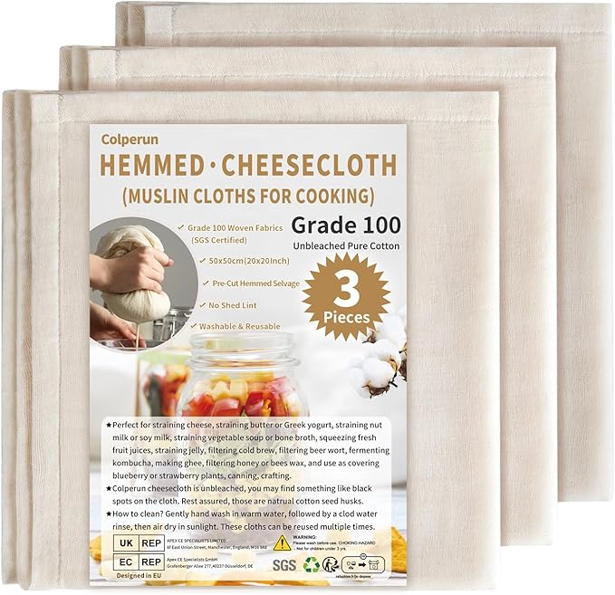 Cheese Cloths for Straining, 3Pack, Grade 100, 50x50cm Hemmed Muslin Cloths for Cooking Reusable Cheesecloth, Unbleached Cotton Cheese Cloth Muslin Fabric Strainer for Jam, Butter, Juicing