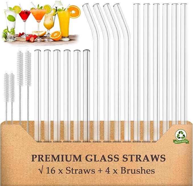 Glass Straws 20 Pack,Size 8.5''x10MM and 6''x10MM,Glass Straws Drinking,Eco Friendly Including 12 Straight and 4 Bent with 4 Brushes,Reusable Straw for Cocktail,Juice