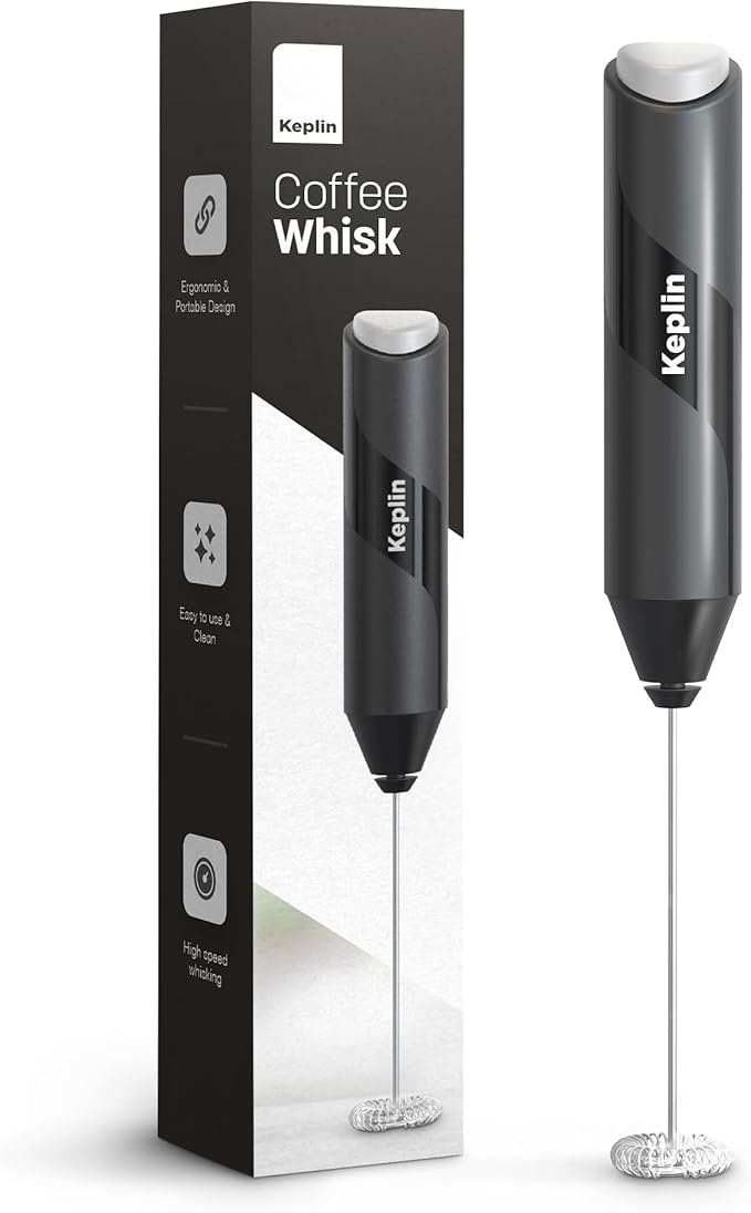 Keplin Handheld Milk Frother - Stainless Steel Electric Whisk - Portable Battery-Operated Coffee Frother for Lattes, Matcha, Protein Shakes - Ergonomic, Compact, Easy to Clean (Battery Not Included)