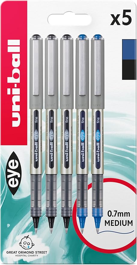 uni-ball UB-157 Eye Rollerball Pens. Premium Fine 0.7mm Ballpoint Tip for Super Smooth Handwriting, Drawing, Art, Crafts and Colouring. Fade and Water Resistant Liquid Uni Super Ink. 5 Pack Black/Blue