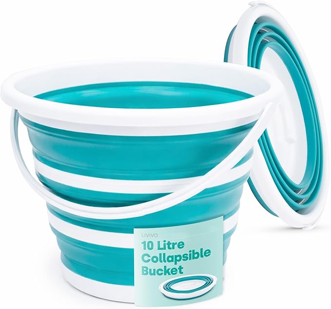 LIVIVO Collapsible Bucket – Large 10L Capacity Sturdy Silicone Foldable Bucket with Comfortable Grip Handle - Handy Folding Bucket, Neat and Space Saving Solution for Laundry, Car Wash (Turquoise)