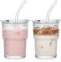 INSETLAN 380ml Glass Tumbler with Lid and Straw 2 Pack - Ribbed Glass Cup Iced Coffee Glasses, Clear Leakproof Tumbler Cup for Smoothies, Iced Latte,Matcha, Cold Drinks (2)