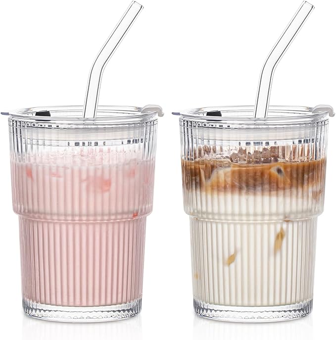 INSETLAN 380ml Glass Tumbler with Lid and Straw 2 Pack - Ribbed Glass Cup Iced Coffee Glasses, Clear Leakproof Tumbler Cup for Smoothies, Iced Latte,Matcha, Cold Drinks (2)