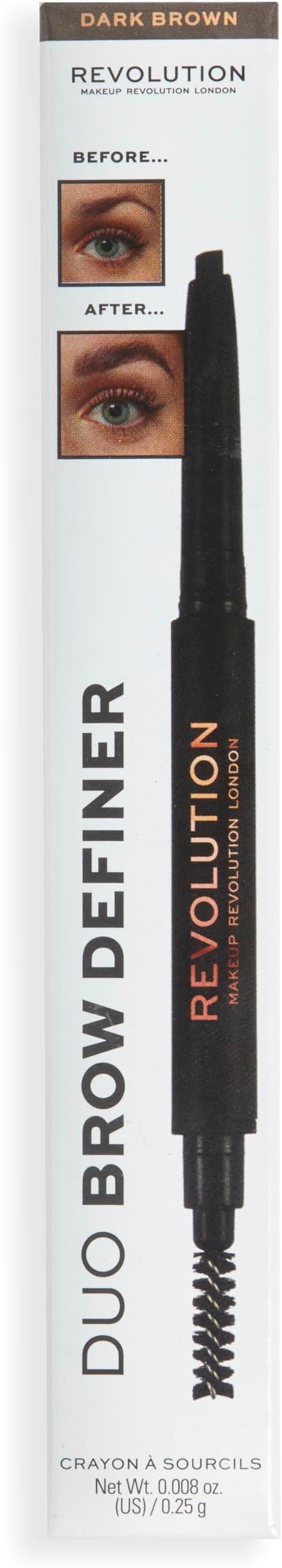 Makeup Revolution Duo Brow Definer Pencil, Add Definition, Includes Brush, Dark Brown