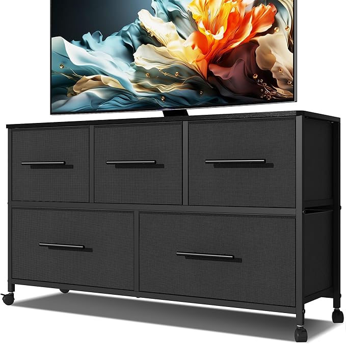 Chest of Drawers, Dresser for Bedroom with 5 Fabric Drawers, TV Stand with 4 Castors, Storage Organizer Unit for Living Room Kids Room (Black)