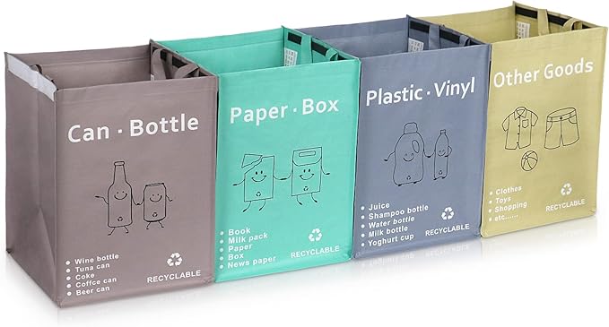 BOMEI PACK 4 Packs Recycling Bags with handle Separate Sorting Organizer Woven waste Bin bag Waterproofs for Kitchen Home Office Heavy Duty Reusable Storage bag,Easy clean