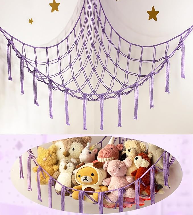 Teddy Bear Hammock - Toy Storage Hammock for Stuffed Animals - Purple Teddy Hanging Storage- Soft Toy Storage Net for Teddies - Nursery Preppy Room Decor