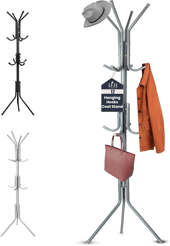 LKH Coat Rack Stand 170cm Steel Hat Stand Coat Stands with 12 Hooks – Clothes Hanger for Jackets, Hats, Scarves, Bags & Umbrellas Space Saving Design Non-Slip Feet-Grey
