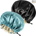 2PCS Satin Sleep Cap,Adjustable Double-Sided Sleep Bonnet,Bonnet Cap for Sleep (1 BLACK+ 1 Green)