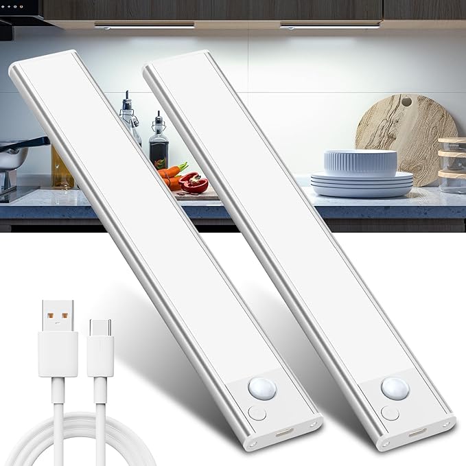 Under Cabinet Kitchen Lights Cupboard - LED Motion Sensor Light Indoor - 1100mAh Rechargeable Battery Operated - Wardrobe Strip Lighting Magnetic Stick Wireless USB Powered Shelf Stairs Counter Closet[Energy Class G]
