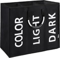 DOKEHOM 120L Large Collapsible Washing Laundry Basket Bag with 3 Sections for Bedroom, Fabric (Black)