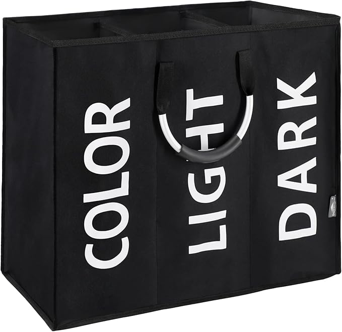 DOKEHOM 120L Large Collapsible Washing Laundry Basket Bag with 3 Sections for Bedroom, Fabric (Black)