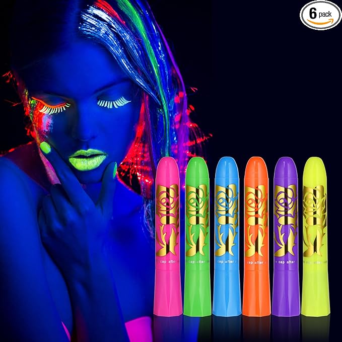 Glow UV Neon Glow Face Paint Crayons Kit, 6 Colors Safe Non-Toxic UV Glow Neon Face and Body Crayons for Adults Halloween Makeup Party Cosplay - Fluorescent Brightest Glow under UV!
