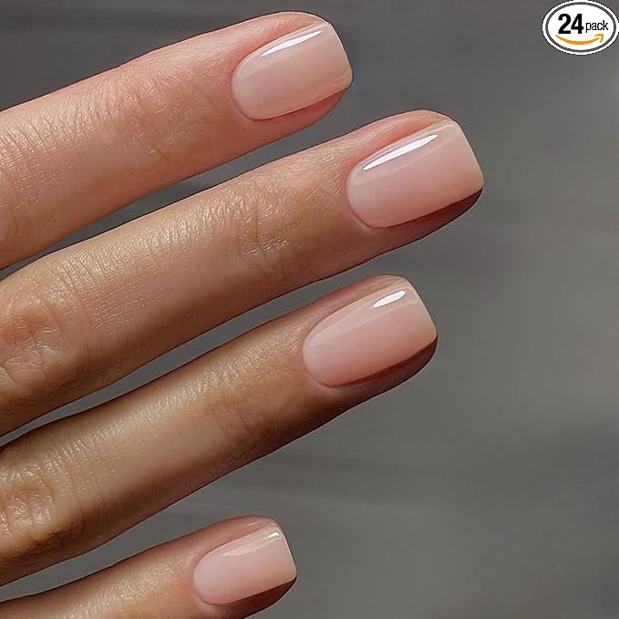 Nude Press on Nails Short Square Acrylic Short False Nails Coffin Natural Acrylic Fake Nails Set Elegant Solid Color Full Cover Glossy Gel Stick on Nail for Women Daily Wear 24 Pcs