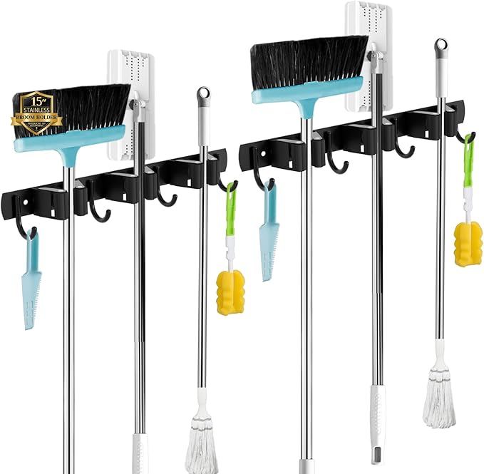 AceMining 3 Holders+4 Hooks 2 Pack Black Broom Holder Wall Mounted with Nails Installation, Heavy Duty Stainless Steel Mop Holder, Brush Mop and Broom Storage Self Adhesive