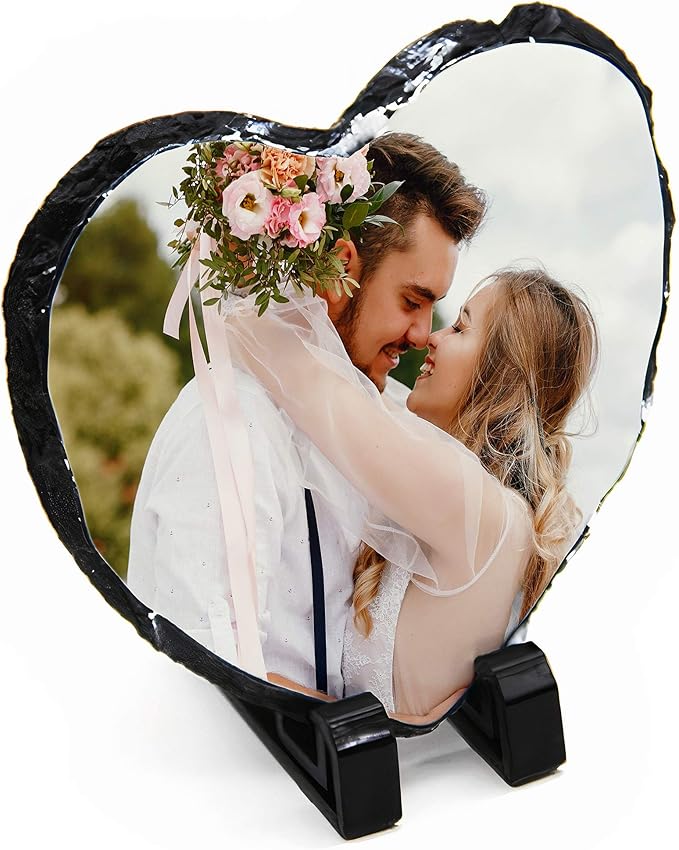 Personalised Heart Photo Slate Gift - Custom Photo/Image Rock Keepsake Plaque with Stands - 15cm