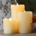 Festive Lights - Set of 3 Cream Real Wax Pillar Candles - Warm White Flickering LED, Dripping Tear Effect, Batteries Included - Indoor Home, Wedding, Event Decor, Flame-Free Authentic Mood Lighting