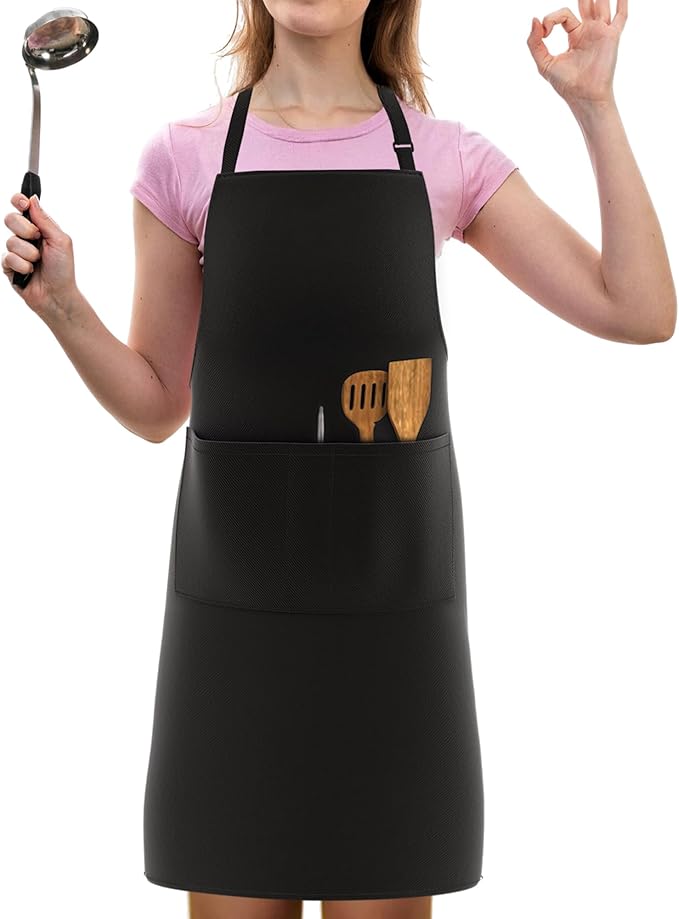 Cooking Apron Waterproof Apron with 3 Pockets Adjustable BBQ Apron with Long Straps Kitchen Apron for Men Women Kitchen Restaurant Café