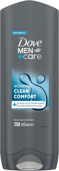 Dove Men+Care Hydrating Clean Comfort Men's 3-in-1 Hair, Face and Body Wash Body Cleanser Shower Gel with 24 hour nourishing MicroMoisture technology for relaxed and re-energised skin 250 ml