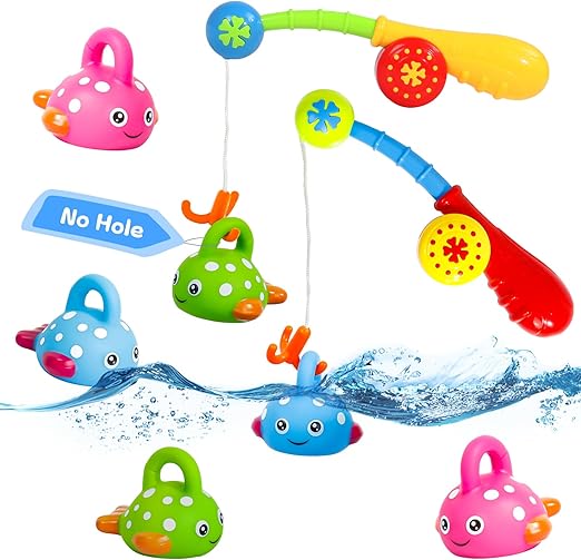 Bath Toys Fishing Game for 2 3 4 Year Olds Toddler Kids, No Hole No Mould Paddling Pool Toys with 2 Toy Fishing Rod 6 Fishing Toys, Baby Shower Bath Toys Water Play Garden Games for Kids Girls Boys